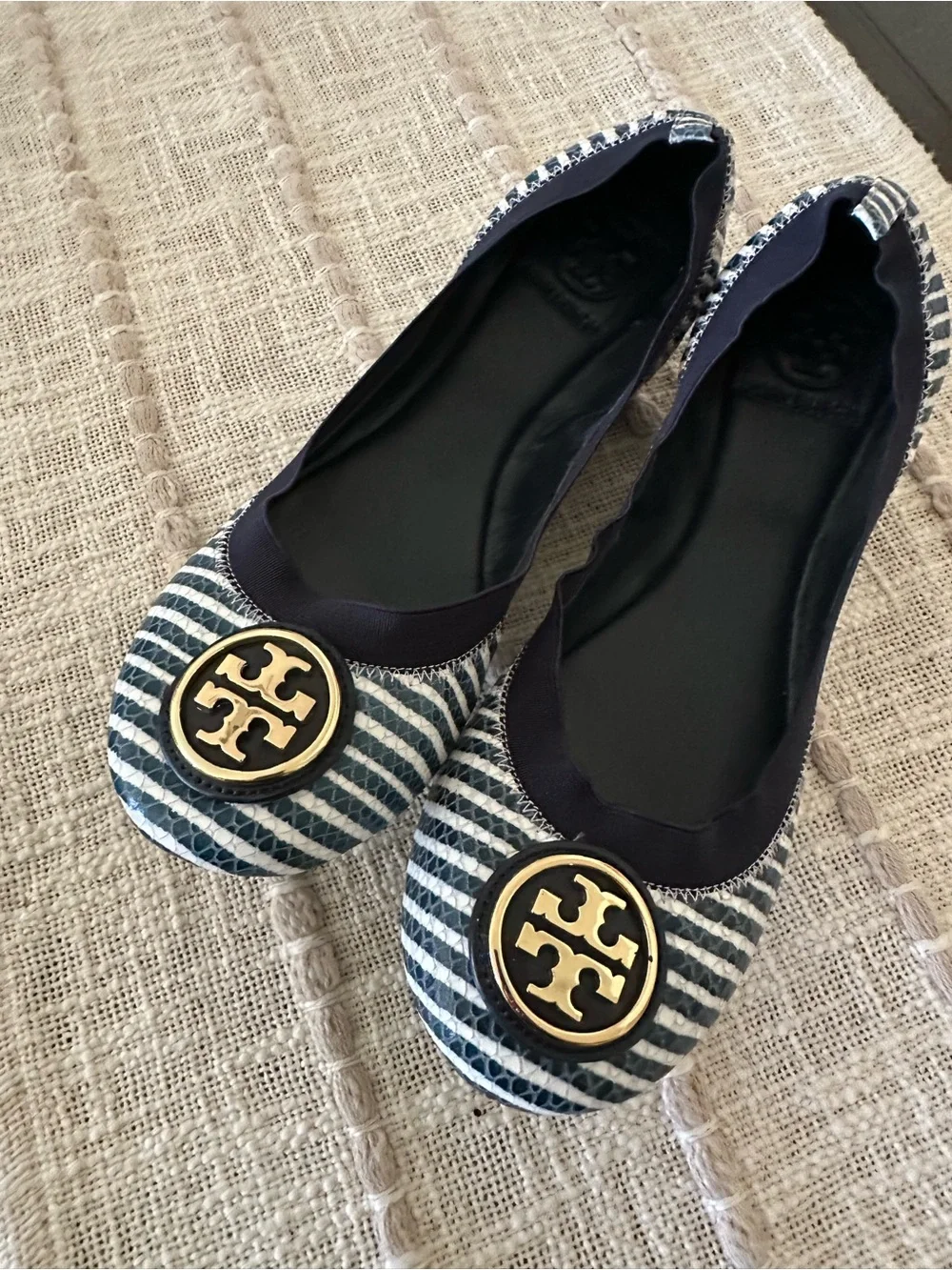 Tory Burch “Caroline” Navy and White Striped Logo Ballet Flats